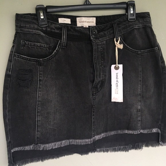 Band of Gypsies Denim Mini Skirt Women’s 32 Button Fly Raw Hem Pockets Y2K Boho - Picture 5 of 11